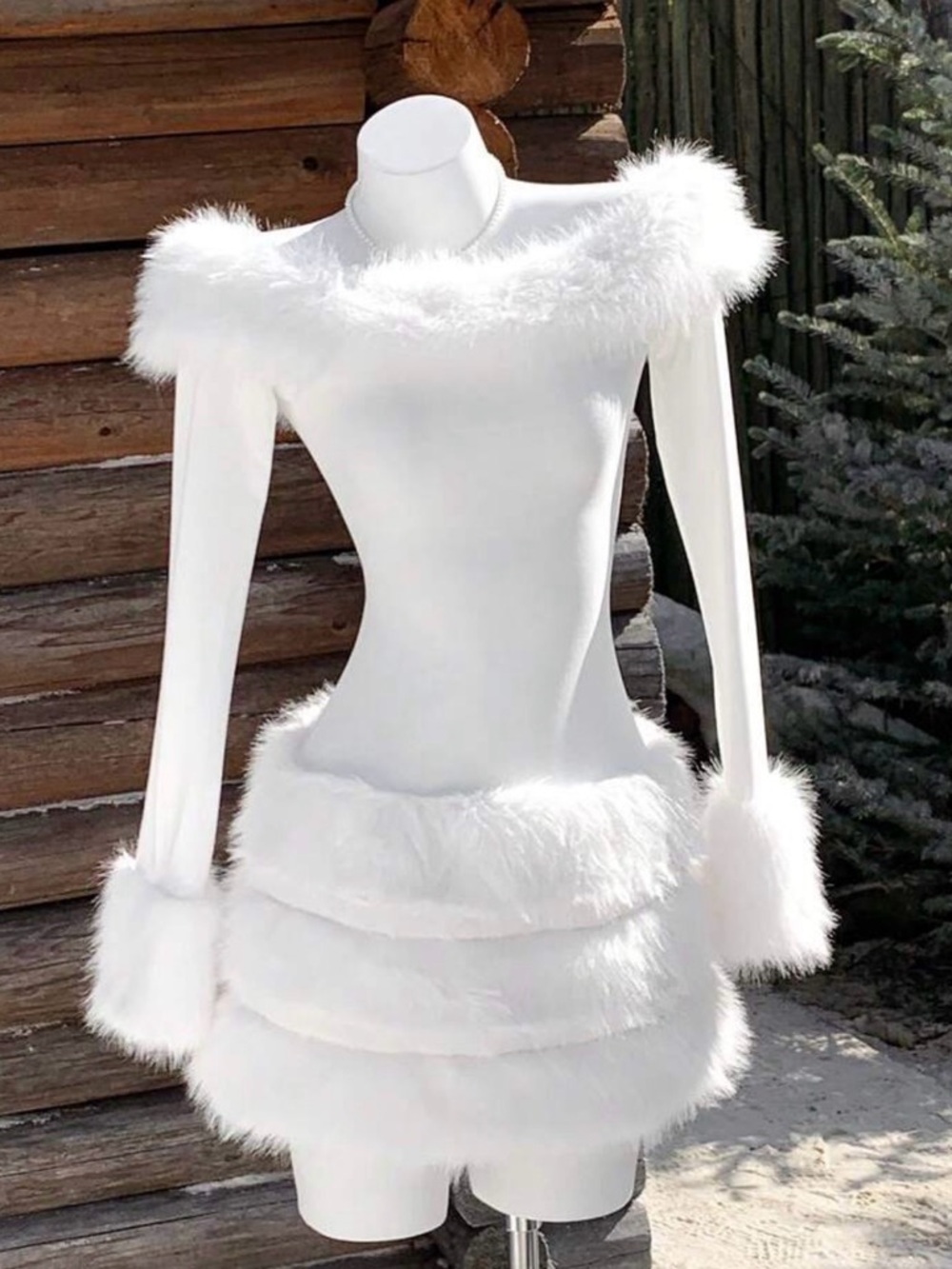 White Faux-Fur Trim Long-Sleeve Mini Dress - multiple sizes